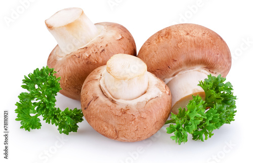 Three mushroom and green leaves of parsley isolated on white bac