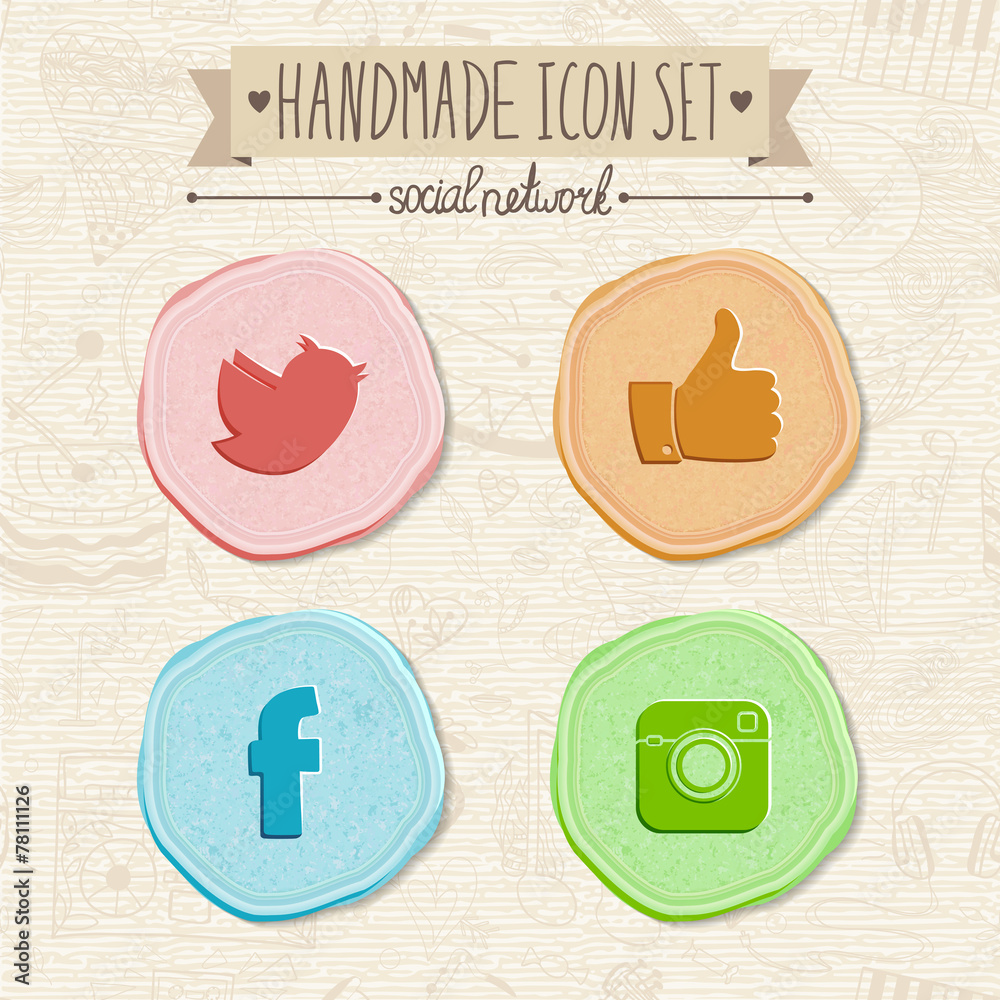 Set of hand-made social network icons in vintage style. 