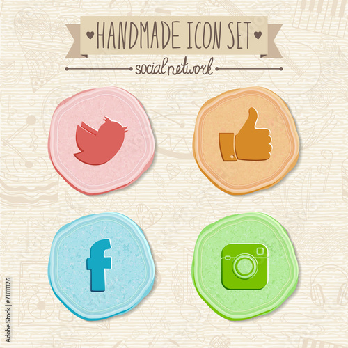 Set of hand-made social network icons in vintage style. 