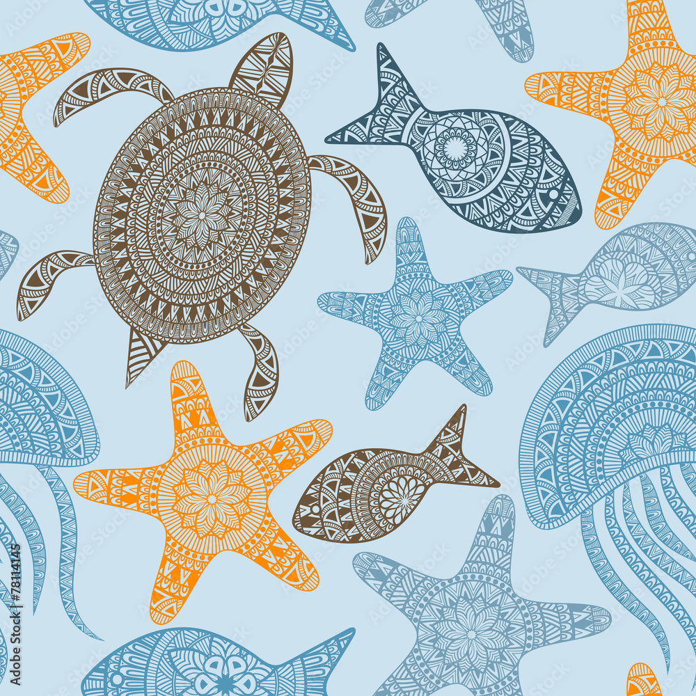 Naklejka premium Vector Seamless Pattern with turtles, starfishes, and jellyfishe