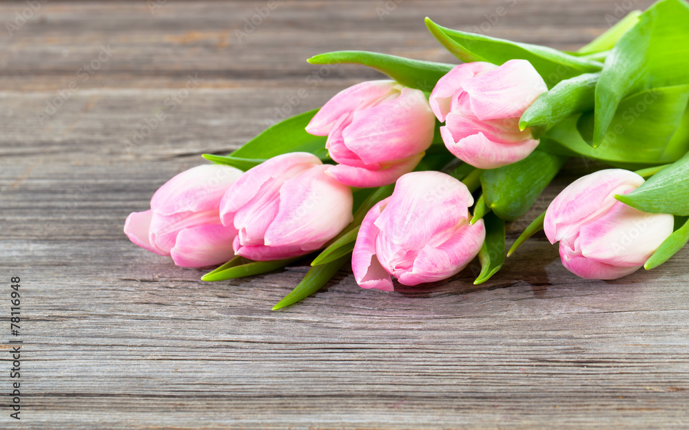 Bouquet of pink tulips on old wooden boards