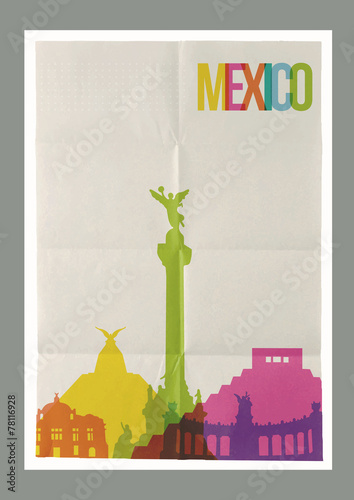 Travel Mexico landmarks skyline vintage poster