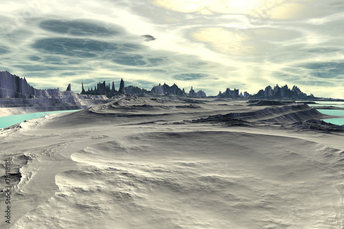 3D rendered fantasy alien planet. Rocks and lake