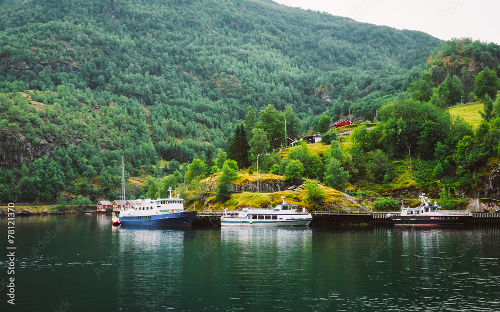 Fototapeta premium Sognefjord port in Flam, Norway, Norwegian longest and deepest f
