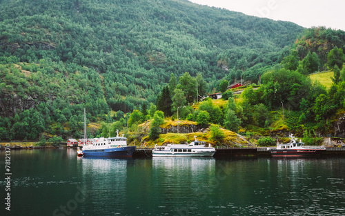 Sognefjord port in Flam, Norway, Norwegian longest and deepest f