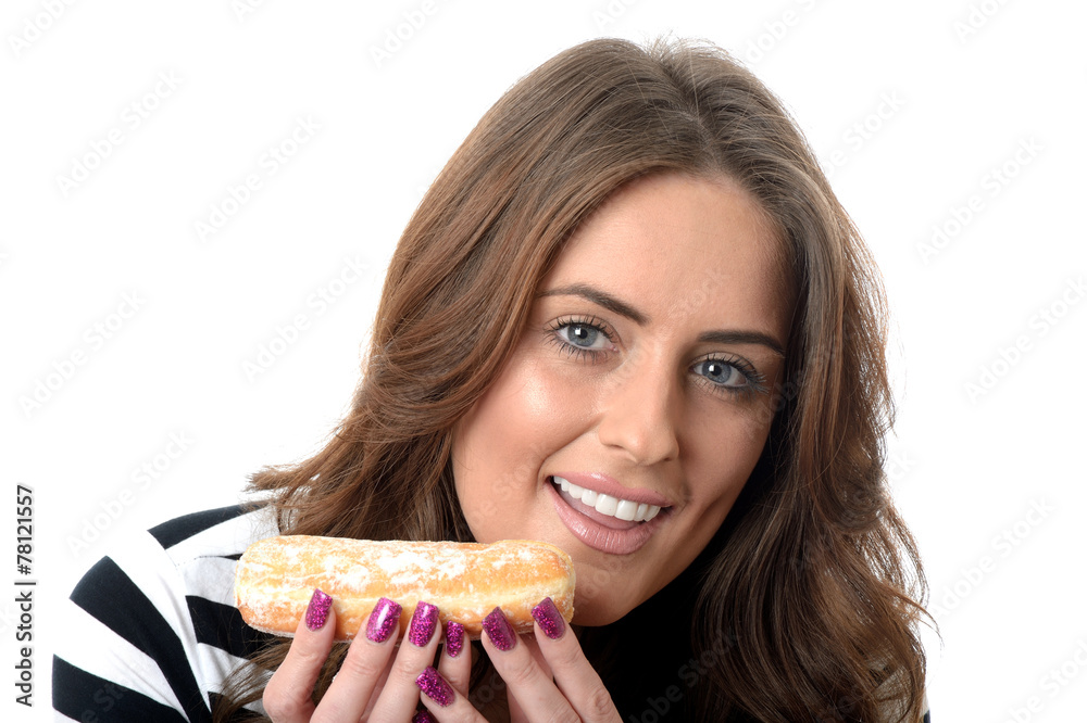 Attractive Young Woman Eating a Cream Cake