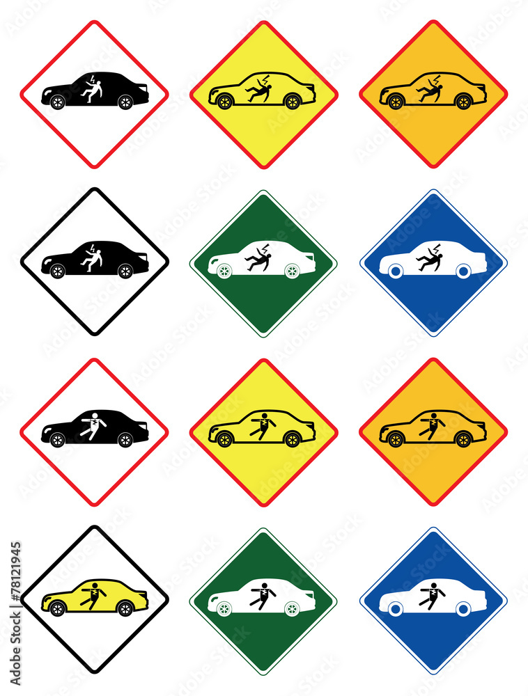 Shock Warning in luxury electric car shape, traffic signs. Shock Warning in luxury electric car shape, traffic signs.