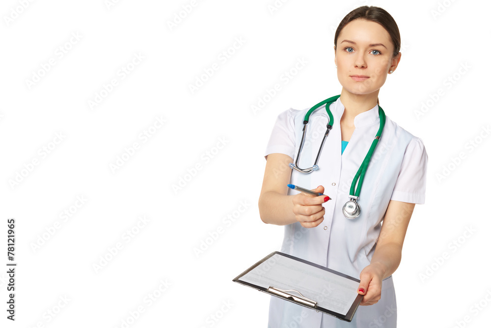 Doctor with stethoscope and clipboard gives a pencil