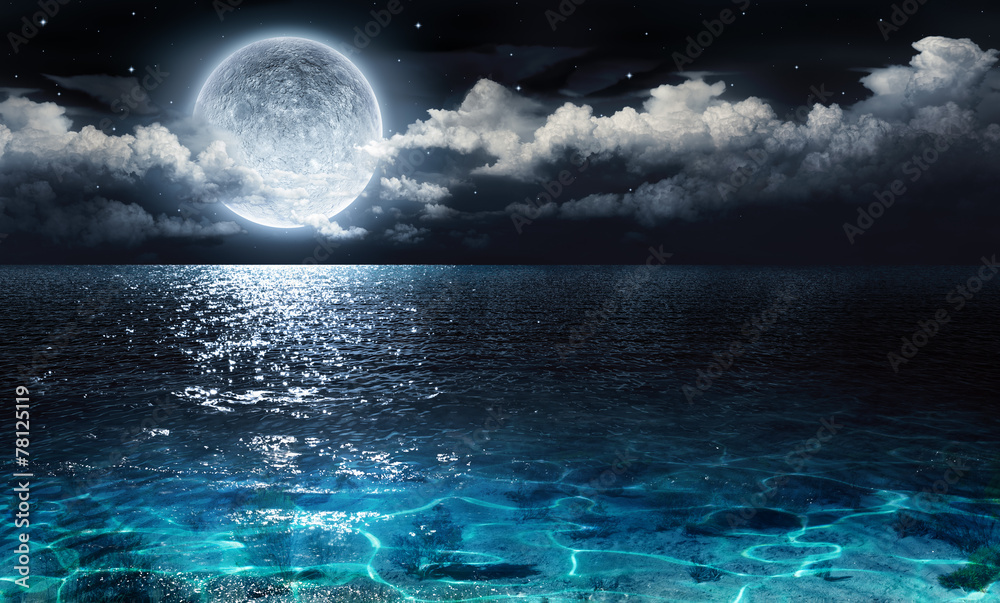 Naklejka premium romantyczna i malownicza panorama z pełnią księżyca na morze do nocy