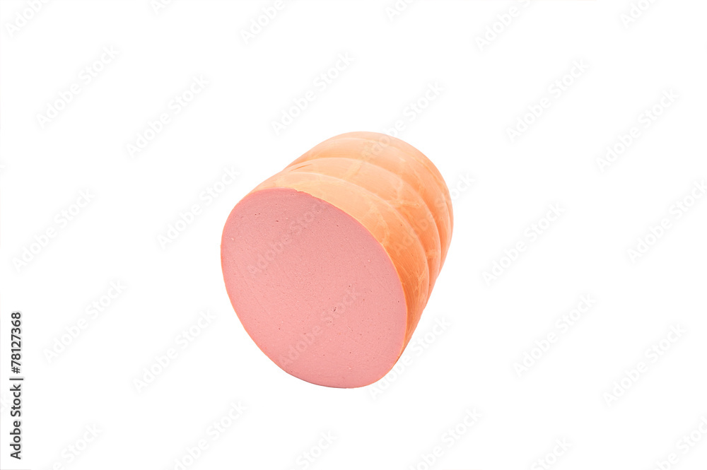 one boiled sausage on white background one boiled sausage on white background