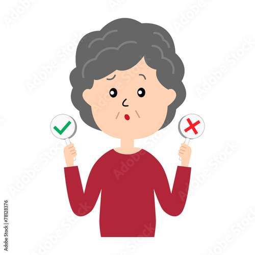 A confused elderly woman with yes and no signs