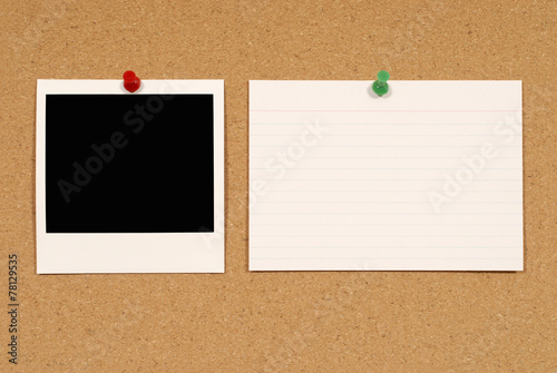 Notice board with blank polaroid style photo frame print and white office index card