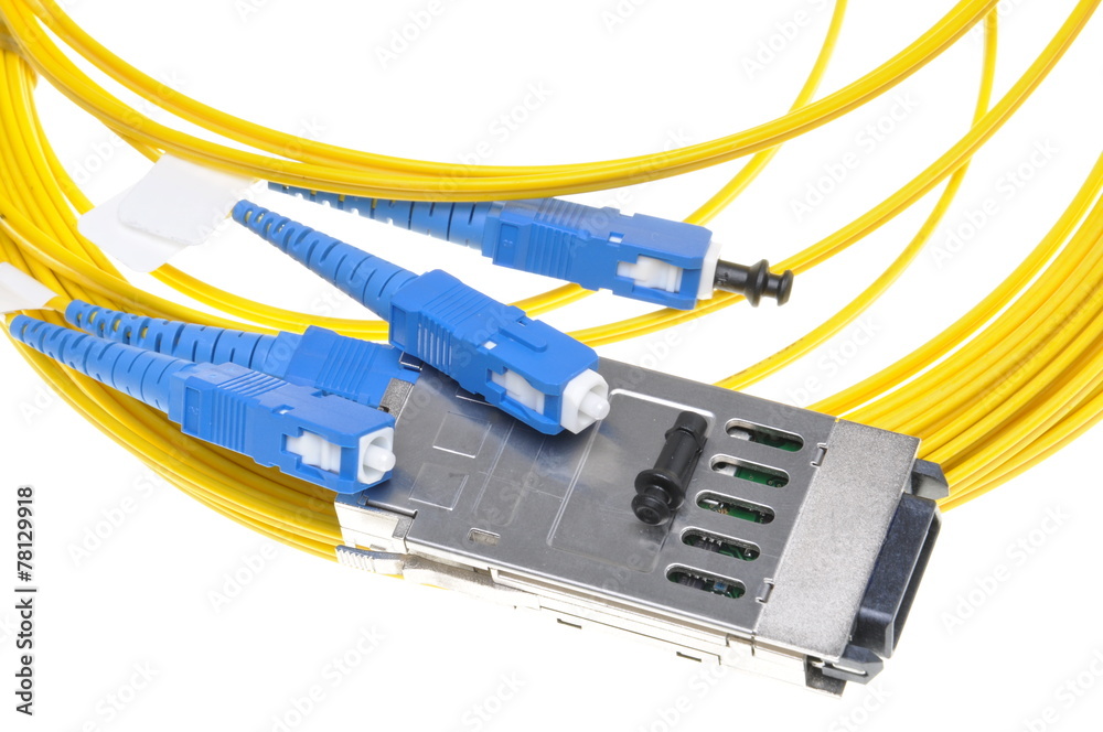 Gigabit Interface Converter with fiber cable on white background Gigabit Interface Converter with fiber cable on white background