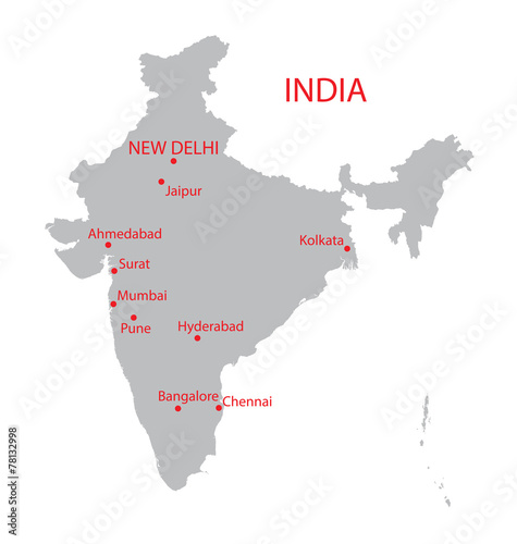 grey map of India with indication of largest cities