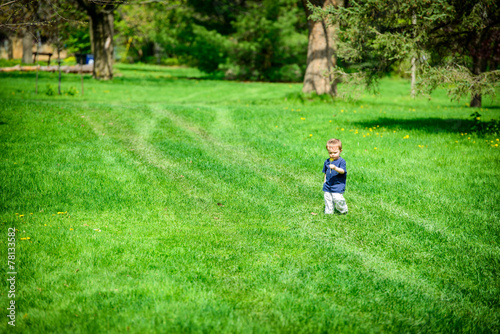 Young Boy Walking in a Park Holding a Dandelion Flower