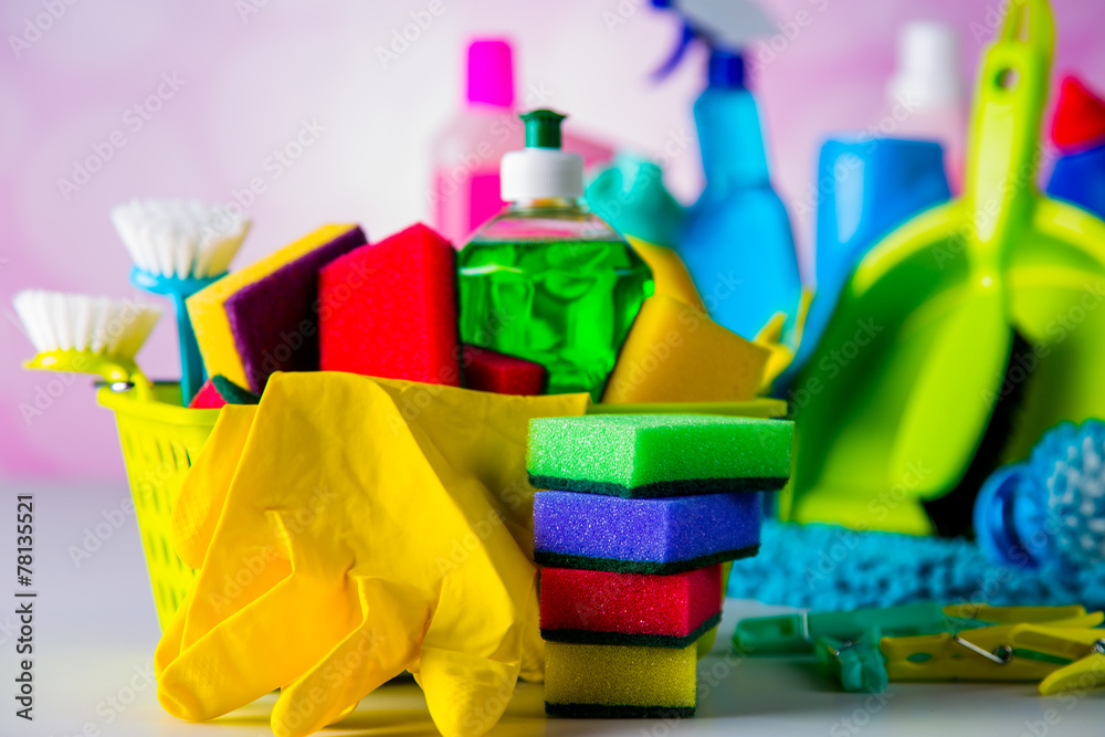 Cleaning set on blue vivid background Cleaning set on blue vivid background