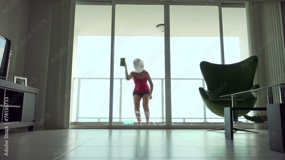 Woman Doing Chores Wiping With Sponge Window Glass Woman Doing Chores Wiping With Sponge Window Glass