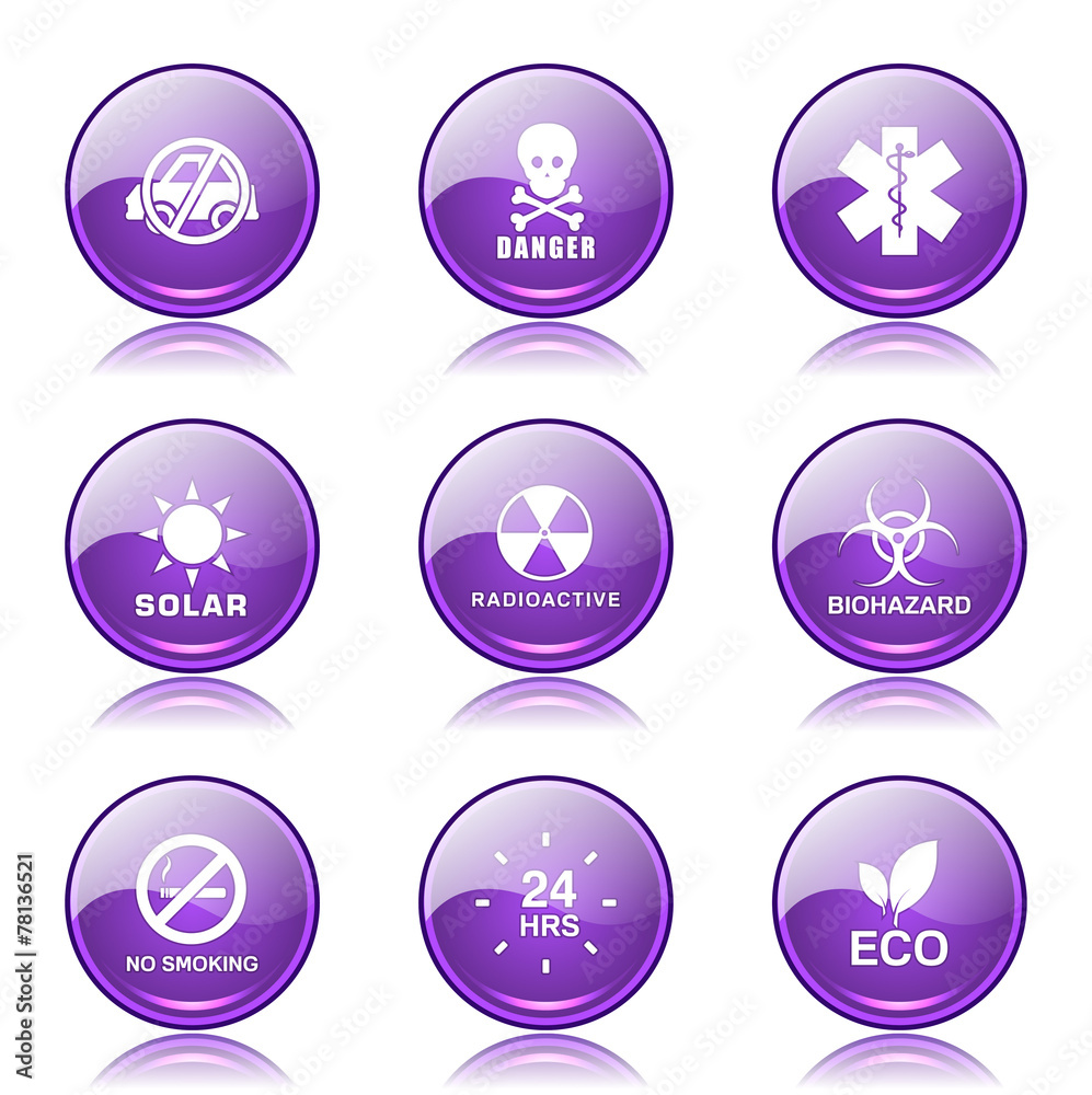 Warning Sign Violet Vector Button Icon Design Set Warning Sign Violet Vector Button Icon Design Set