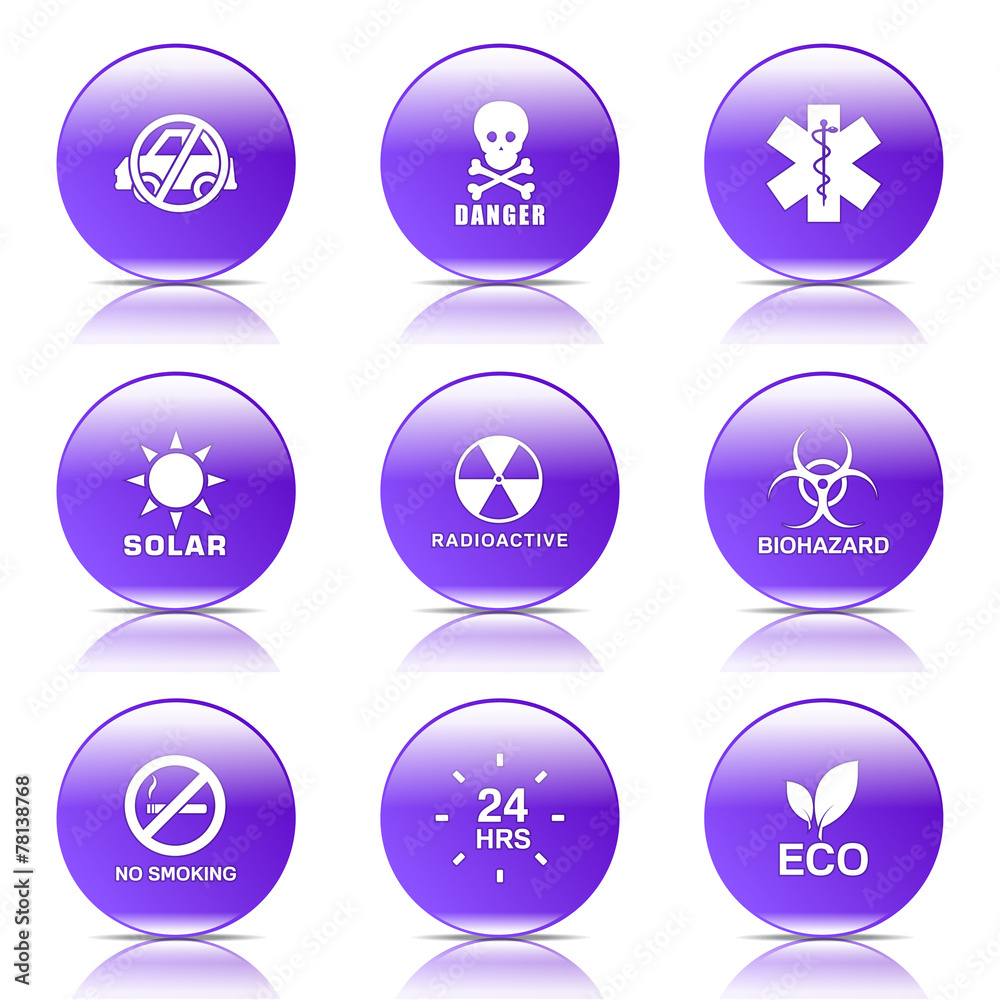 Warning Sign Violet Vector Button Icon Design Set Warning Sign Violet Vector Button Icon Design Set