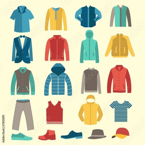 Set of flat men clothes and accessories icons