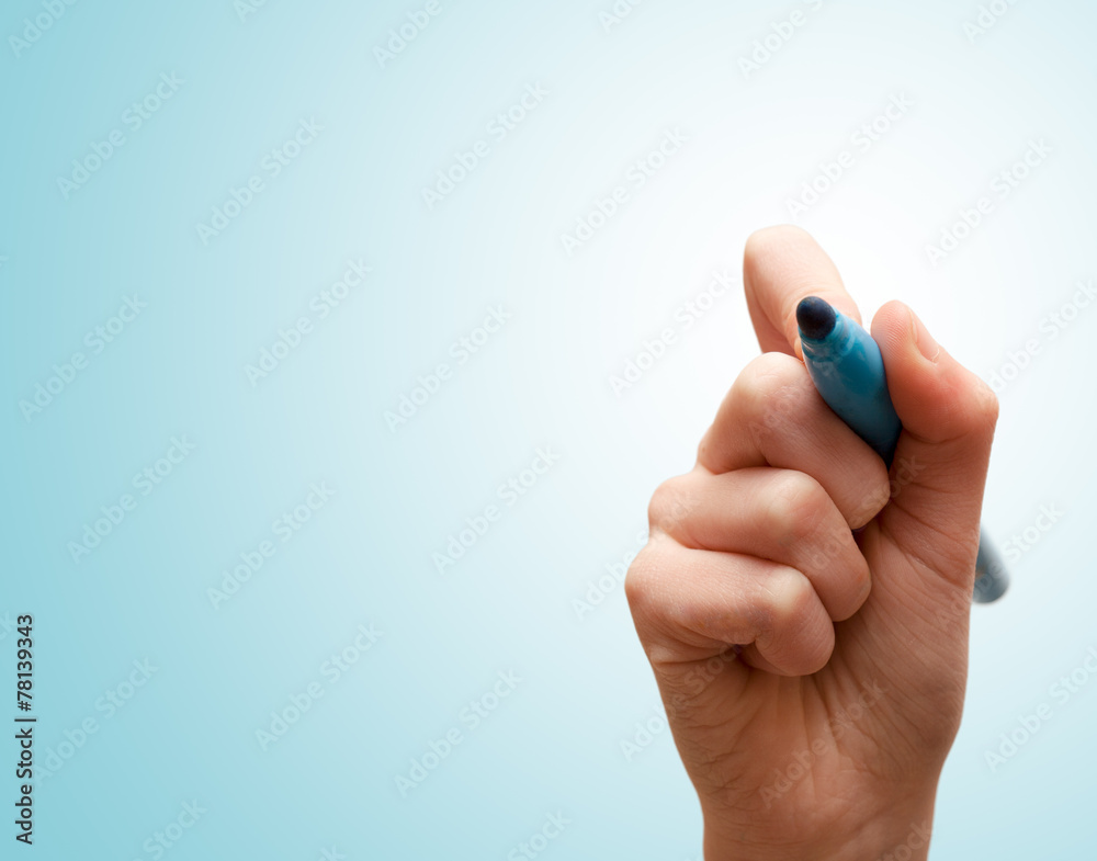 Hands with pen writing on screen blue Hands with pen writing on screen blue