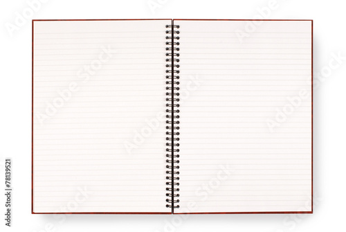 Writing book or spiral notebook open showing blank pages for copy photo