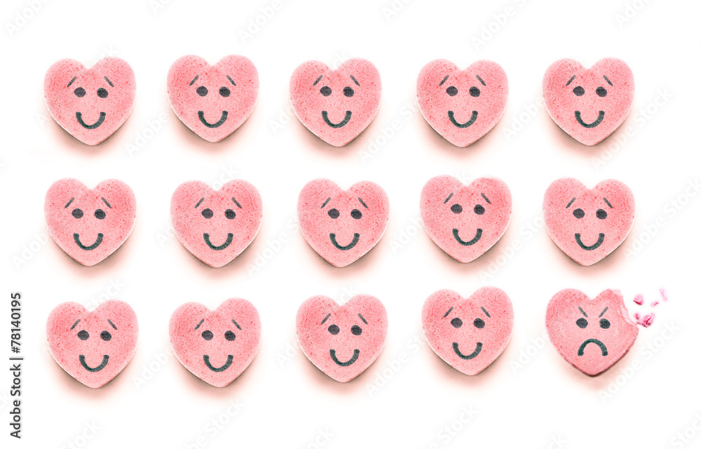 Happy Candy Hearts in Rows with One Bitten Sad Candy Happy Candy Hearts in Rows with One Bitten Sad Candy