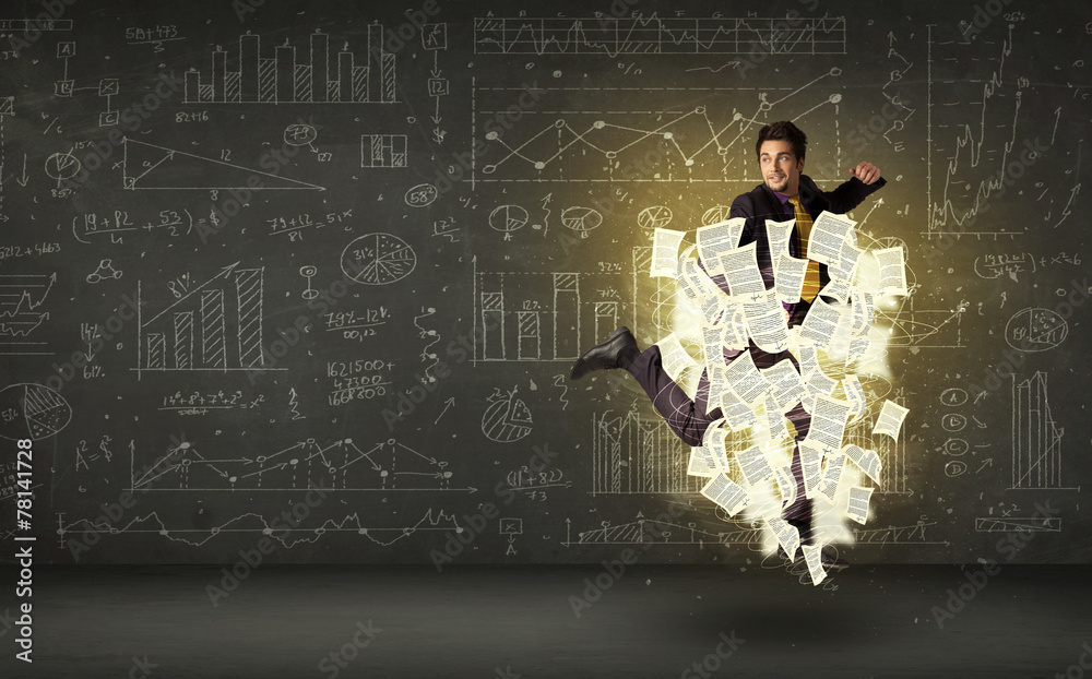 Handsome businessman jumping with paper document cloud