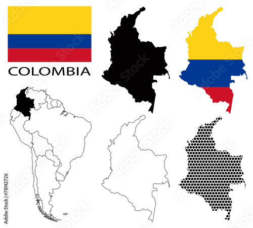 Colombia - Flag, four vector map contours and South America flag