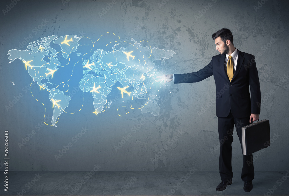 Business person showing digital map with planes around the world Business person showing digital map with planes around the world