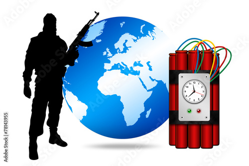 Illustration of man with dynamite and globe on white background photo