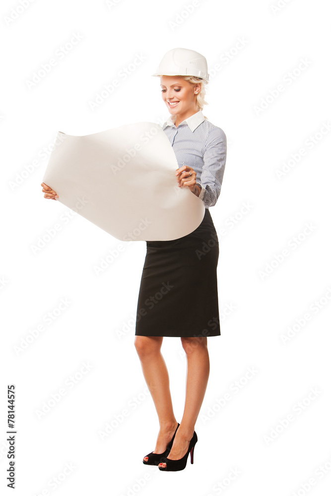 businesswoman architect looking on blueprints isolated on white businesswoman architect looking on blueprints isolated on white