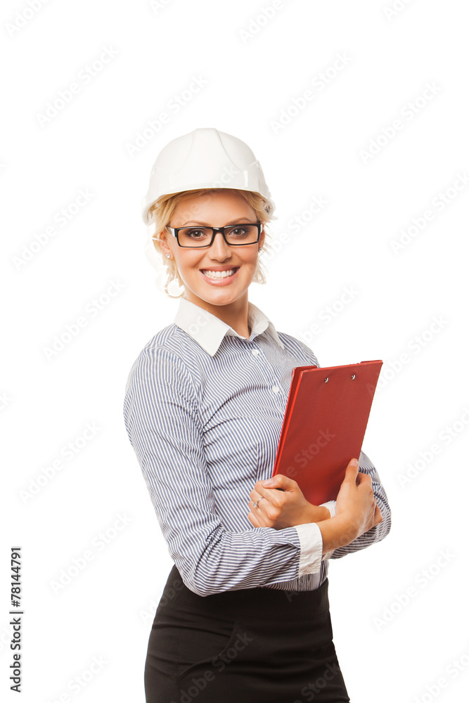Woman construction worker with hard hat on white background Woman construction worker with hard hat on white background