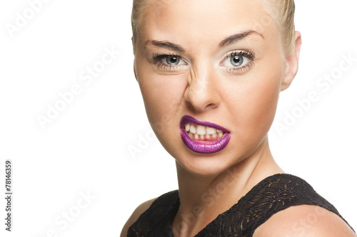 Принти на полотні Pretty Woman in Violet Lips Showing Wacky Face