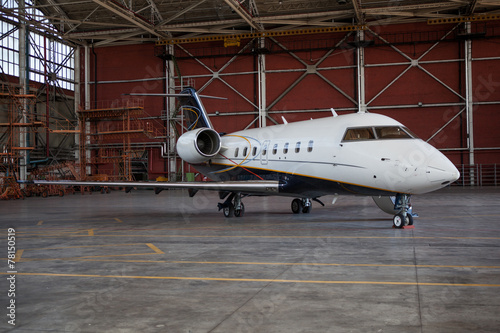 Business jet airplane stays in hangar..