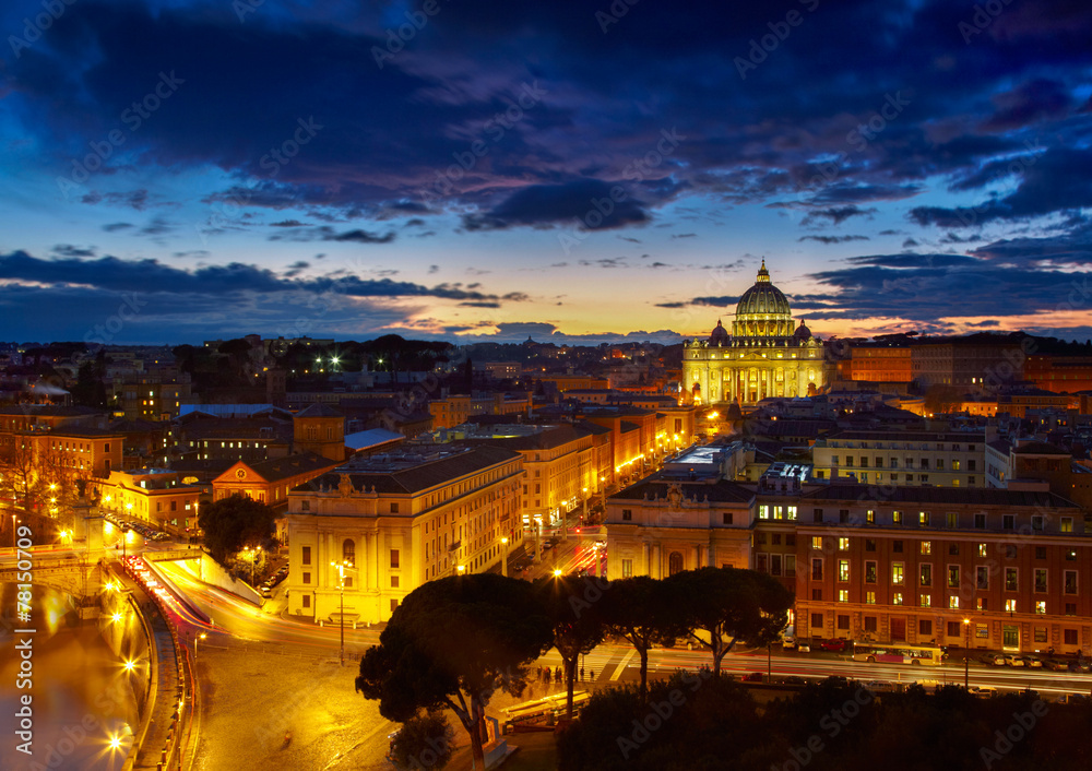 Rome, Italy. St. Peter's cathedral after sunset