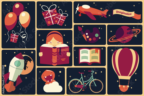 Background with imagination items and a girl reading a book