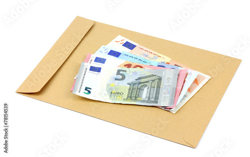 envelope and money on a white background