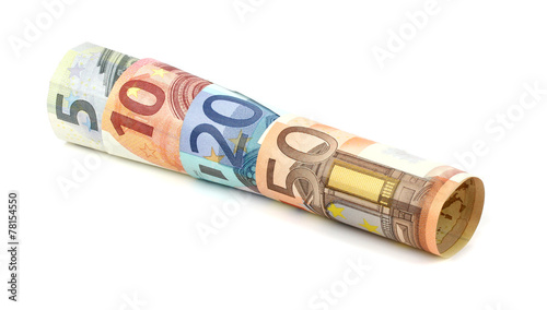 Euro banknotes isolated on a white with soft shadows.