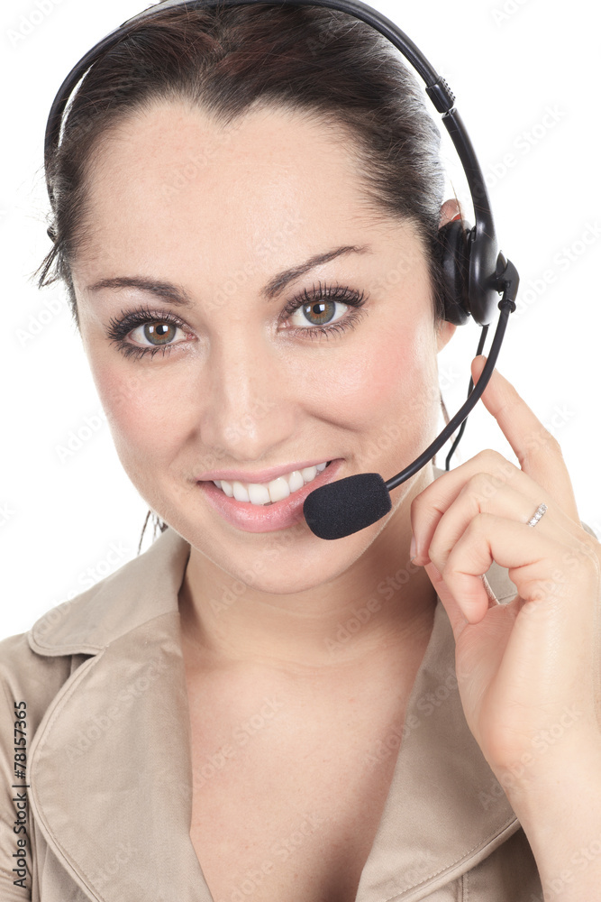 Customer support operator close up portrait. call center smilin Customer support operator close up portrait. call center smilin