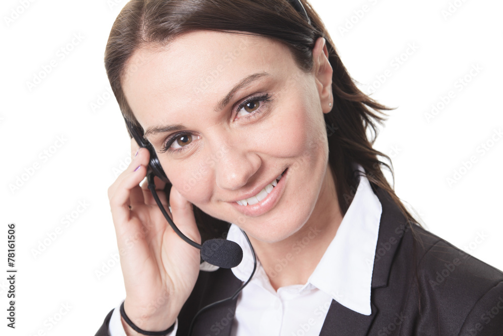 Smiling attractive woman with headphone isolated against white b Smiling attractive woman with headphone isolated against white b