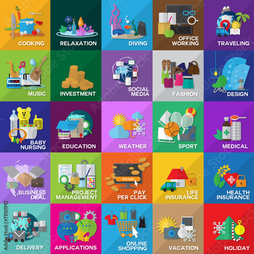 Flat Icons Set For: Cooking, Diving, Sport,Travel, Education..