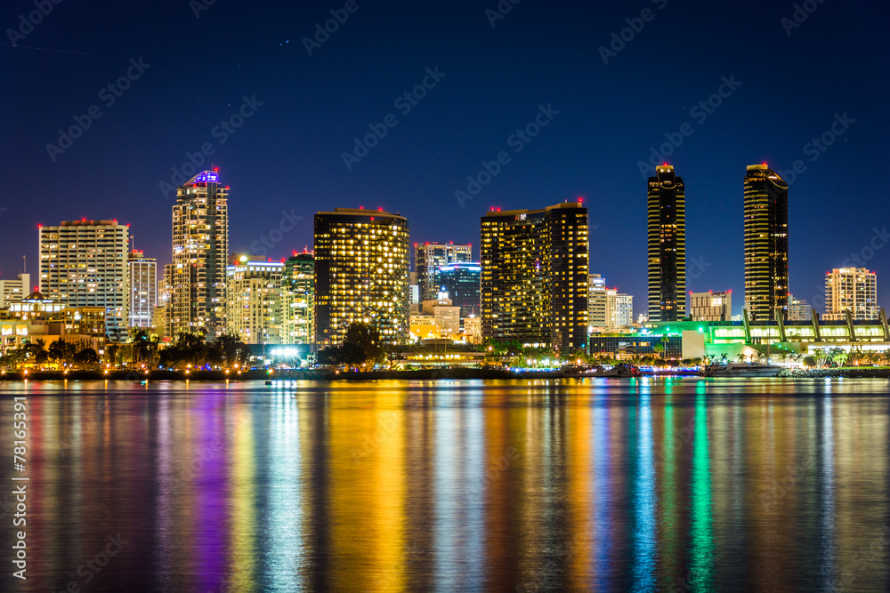 The San Diego skyline at night, seen from Centennial Park, in Co