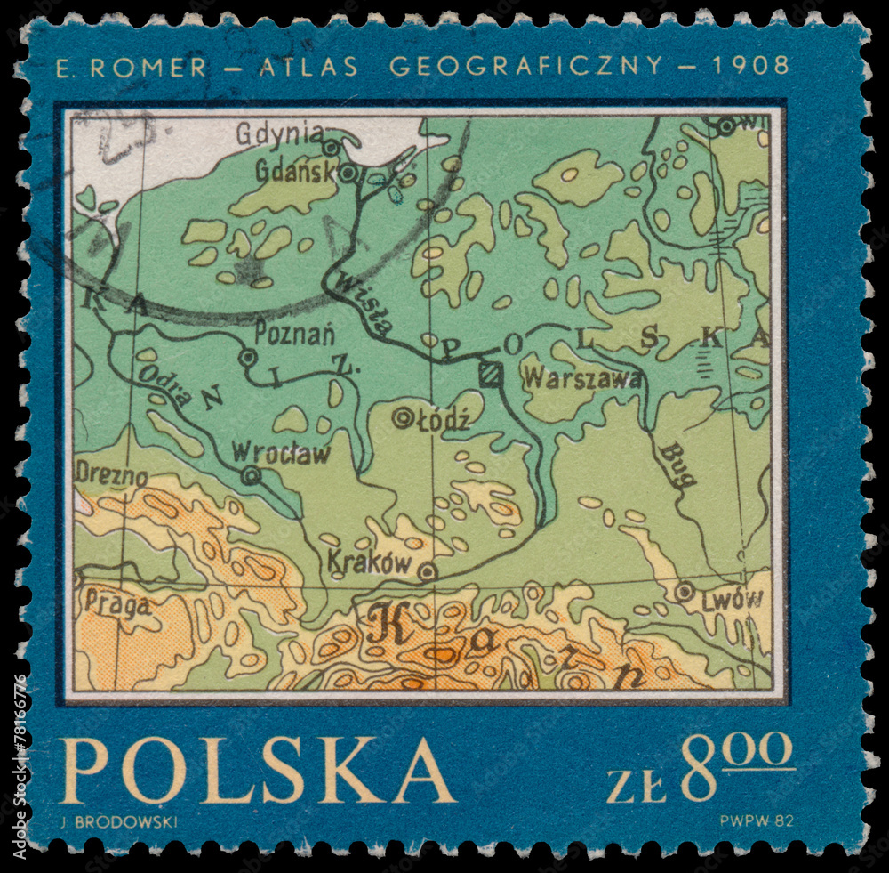 Naklejka premium Stamp printed in Poland shows Map of Poland