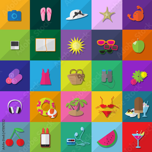 Flat Summer Icons Set - Isolated On Background
