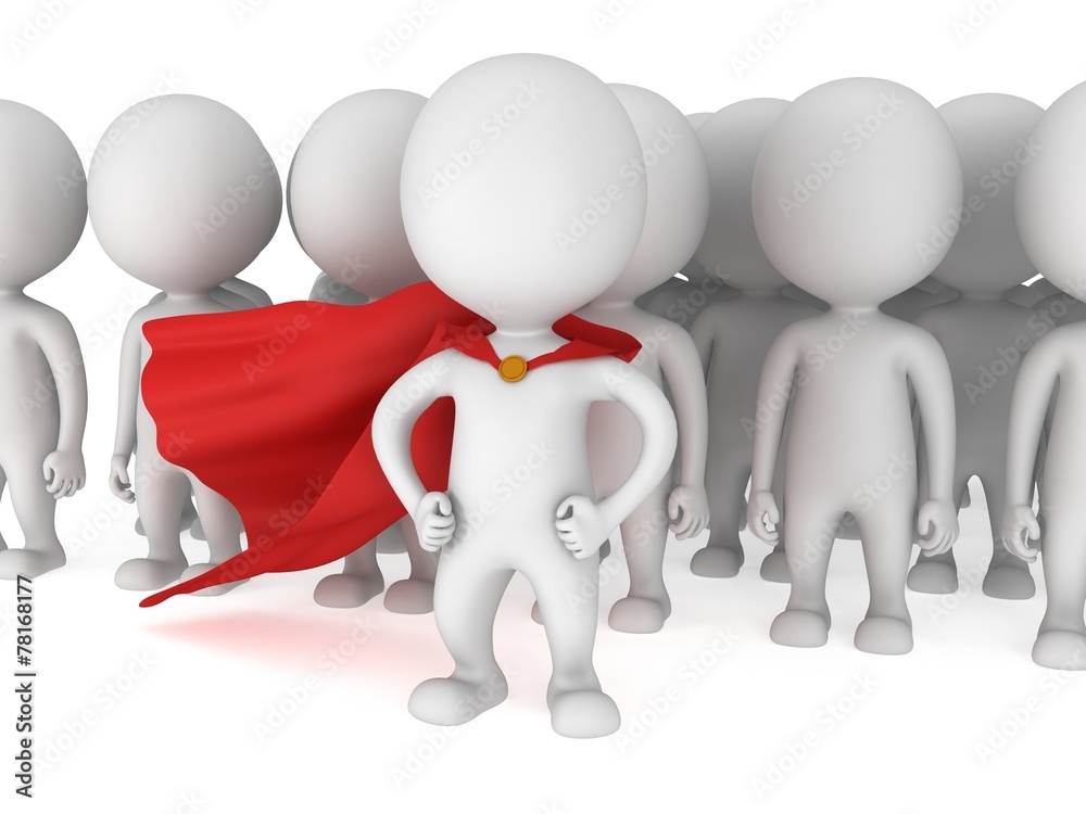 Brave superhero with red cloak before a crowd