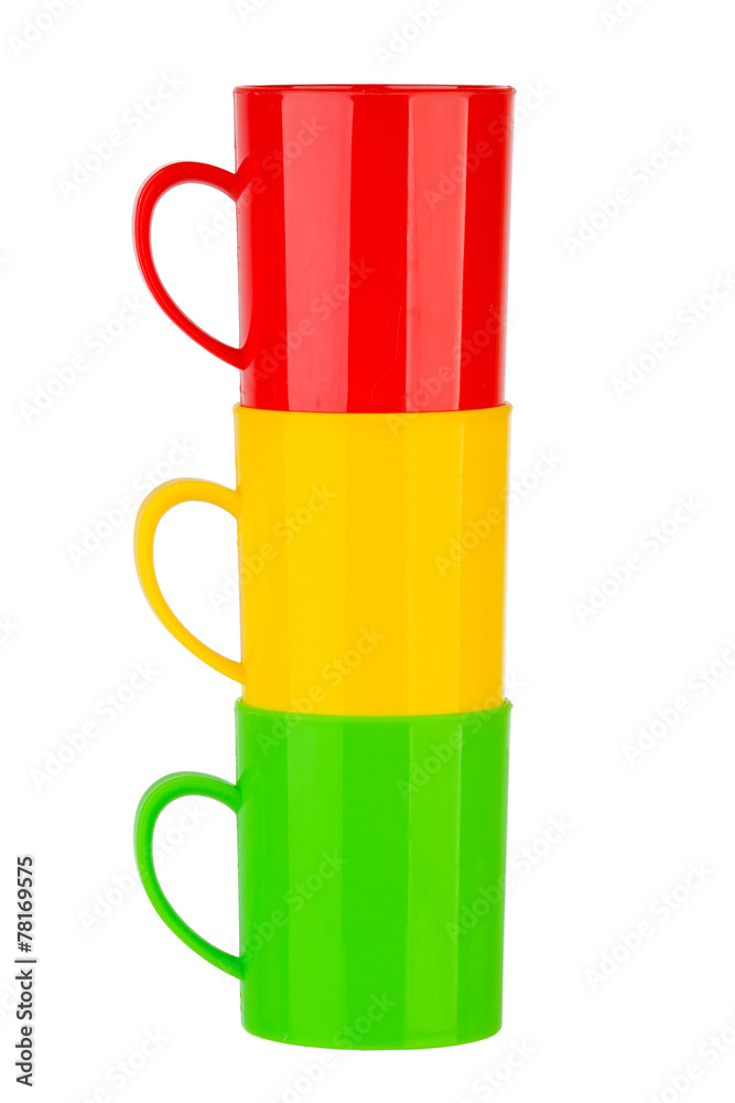 Obraz premium Many color plastic cup on white background