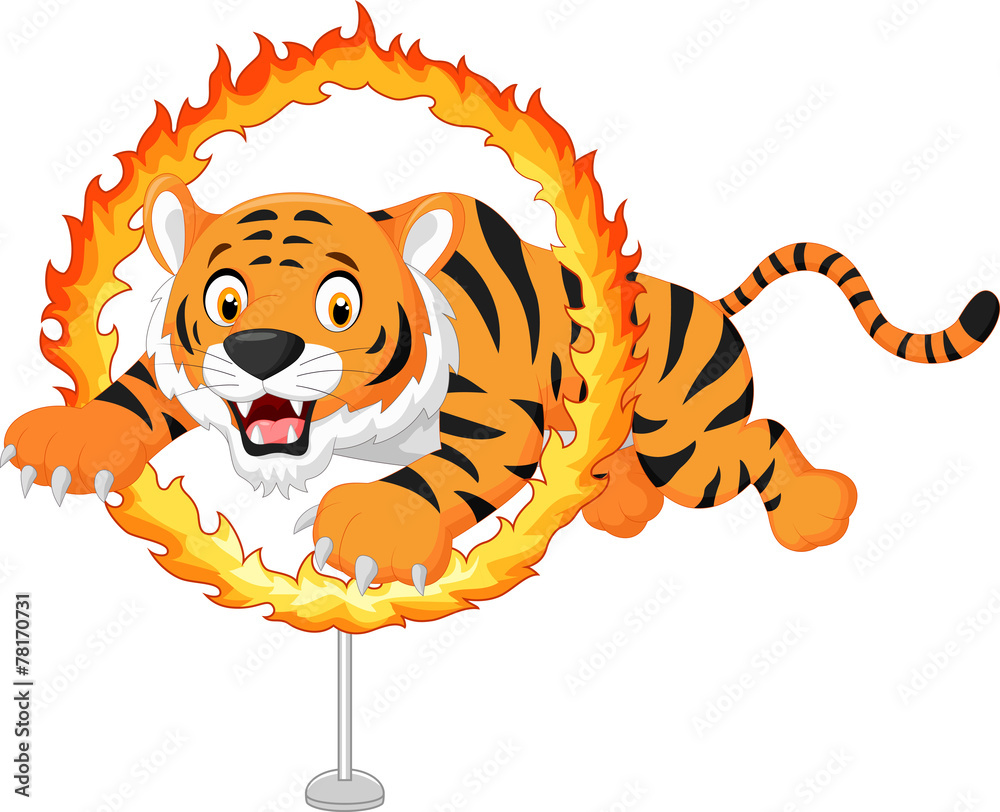 Obraz premium Cartoon tiger jumps through ring of fire