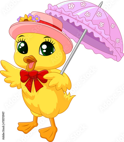Cute cartoon duck with pink umbrella