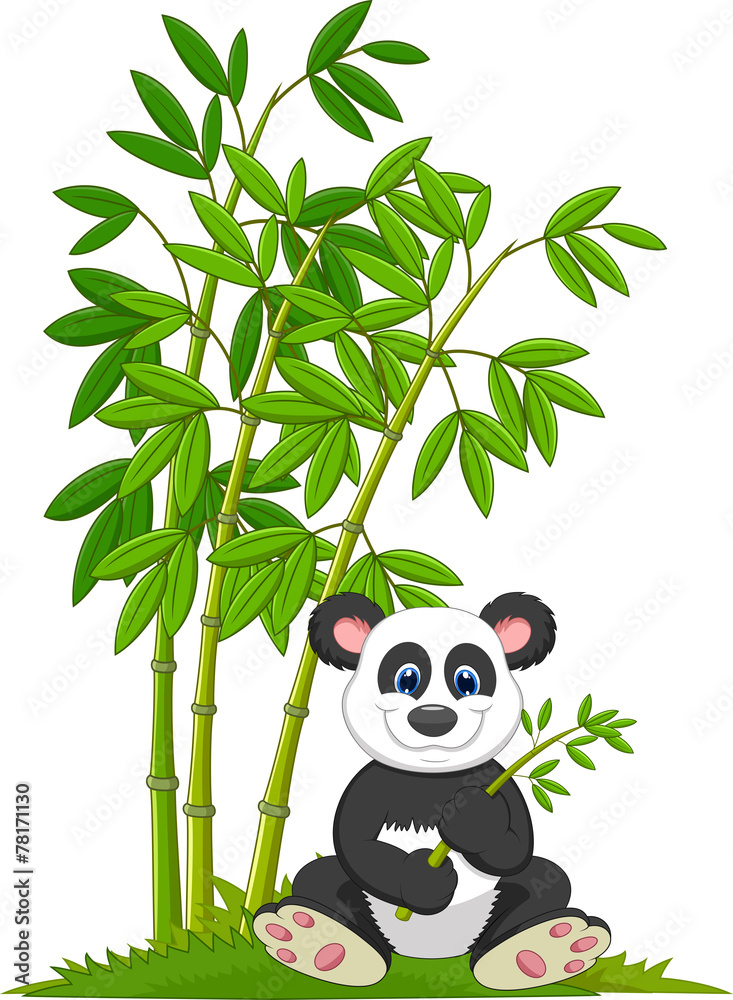 Fototapeta premium Cartoon panda sitting and eating bamboo
